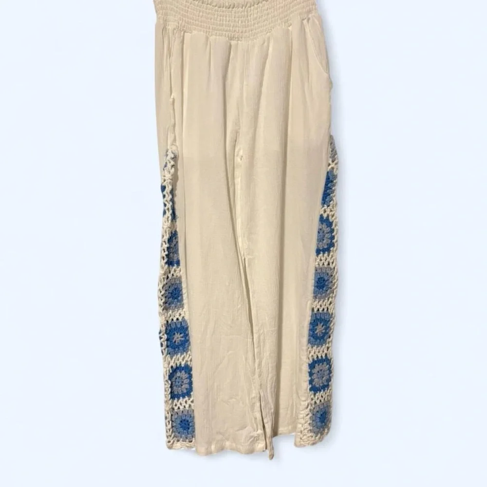 NWOT beachy gauze white flowy pants with blue crotchet med so cute - Picture 1 of 7